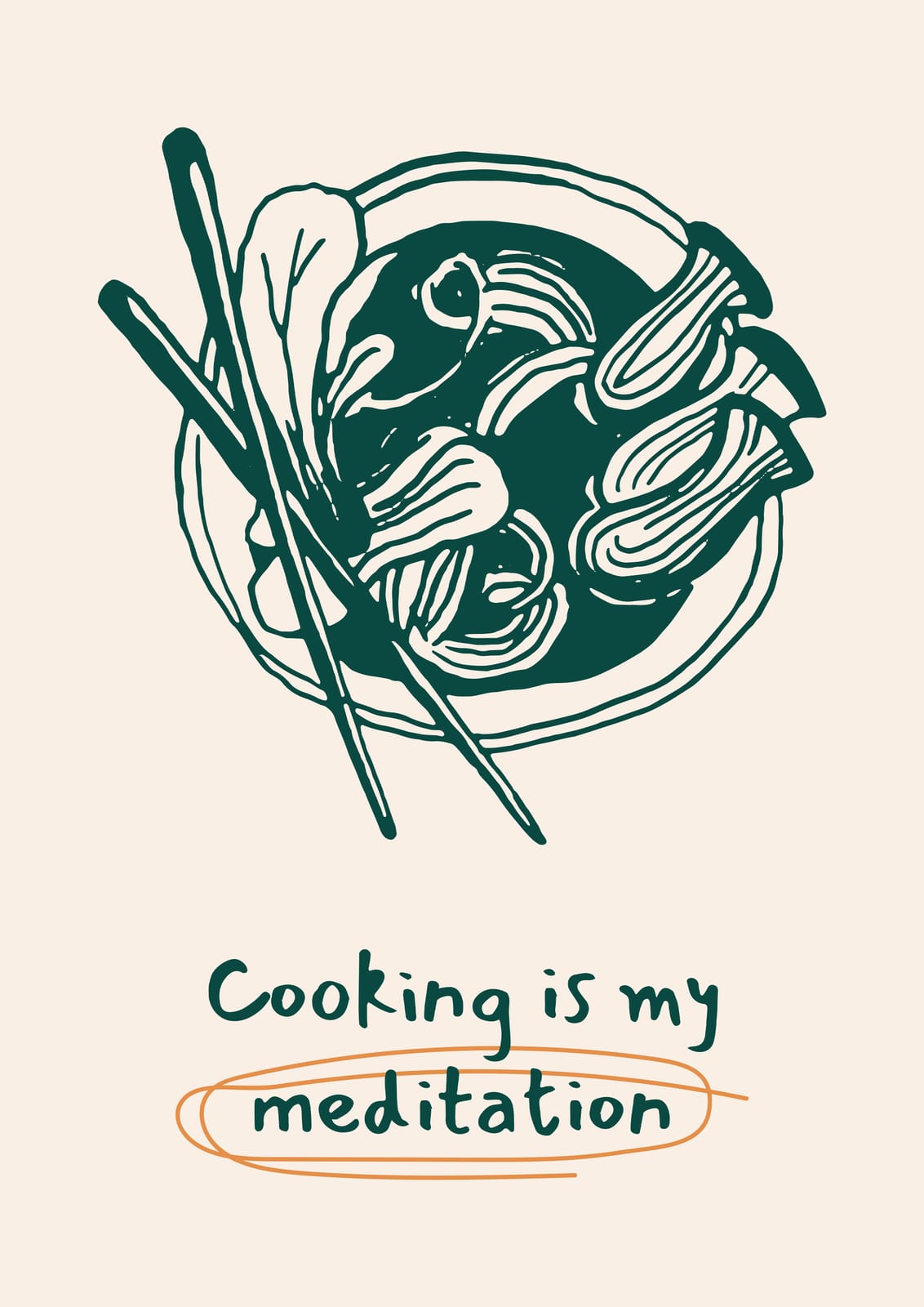A bowl with chopsticks is paired with an English phrase.