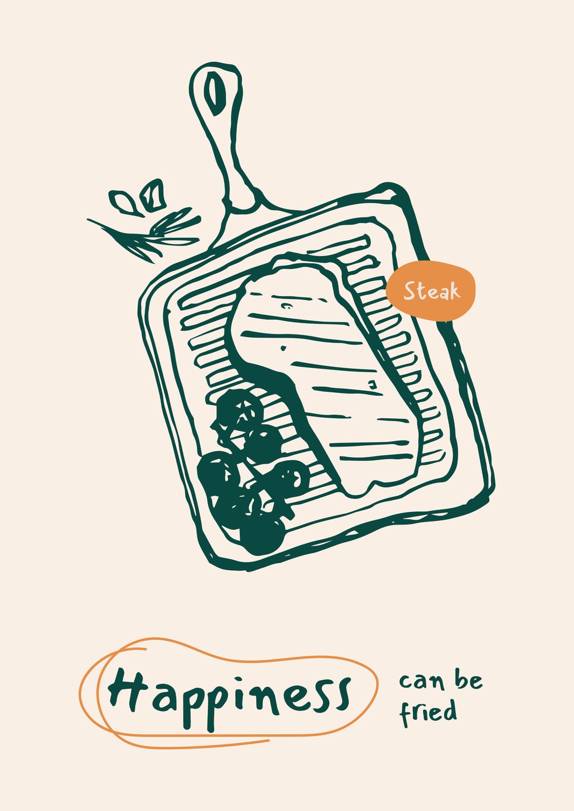 A steak sits in a pan with an English phrase.