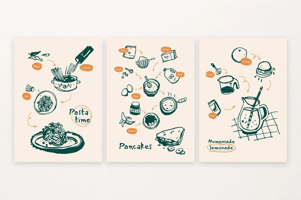Cream grounds and green ingredient sketches give this food trio a relaxed feel.