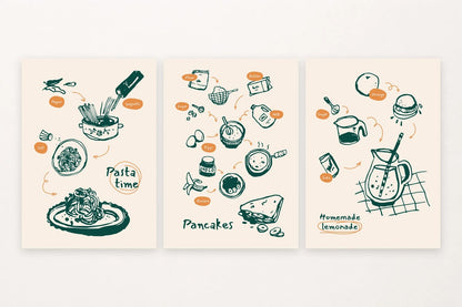 Cream grounds and green ingredient sketches give this food trio a relaxed feel.