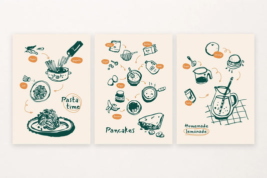 Cream grounds and green ingredient sketches give this food trio a relaxed feel.