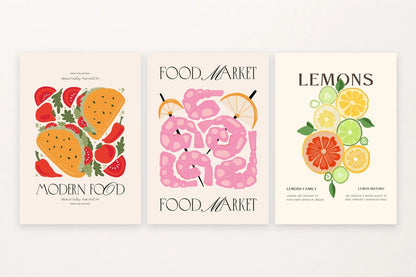 Tomatoes, bright pink shapes, and sliced citrus bring a lively palette to the wall.