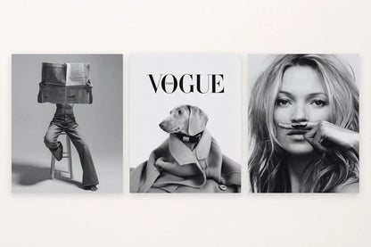 A newspaper reader, a dog under VOGUE PARIS, and a portrait with a drawn mustache.