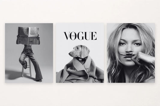 A newspaper reader, a dog under VOGUE PARIS, and a portrait with a drawn mustache.