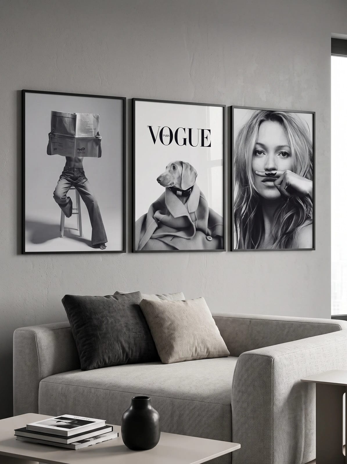 Newspaper, VOGUE PARIS dog, and mustache portrait prints grouped; frames excluded.