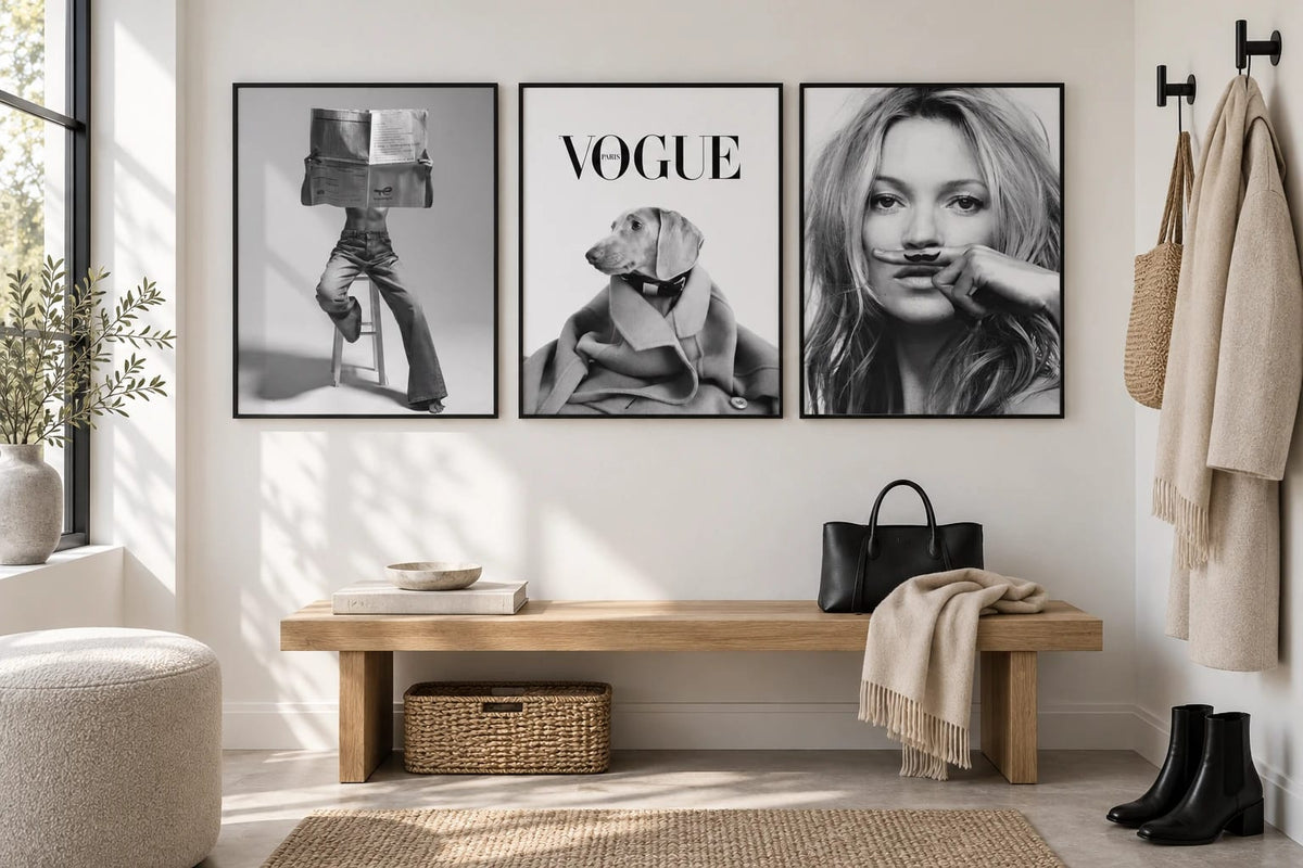 Three humorous monochrome editorial scenes arranged together; frames are not included.