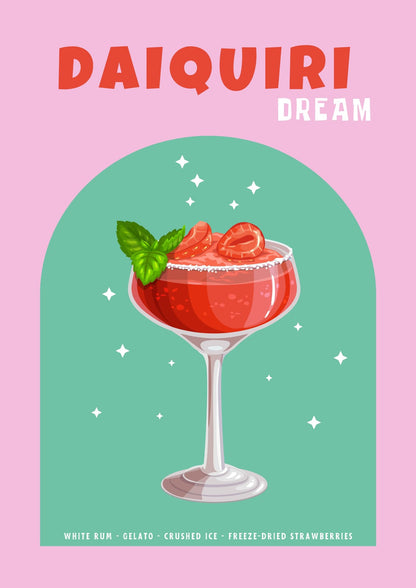 A red drink includes strawberries and lettering.