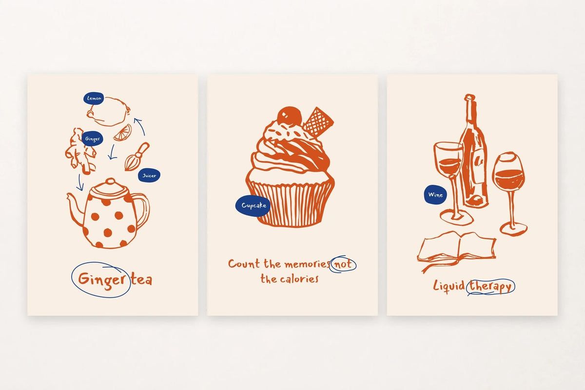 Tea, a frosted cupcake, and a wine still life bring three distinct food motifs.