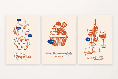 Tea, a frosted cupcake, and a wine still life bring three distinct food motifs.