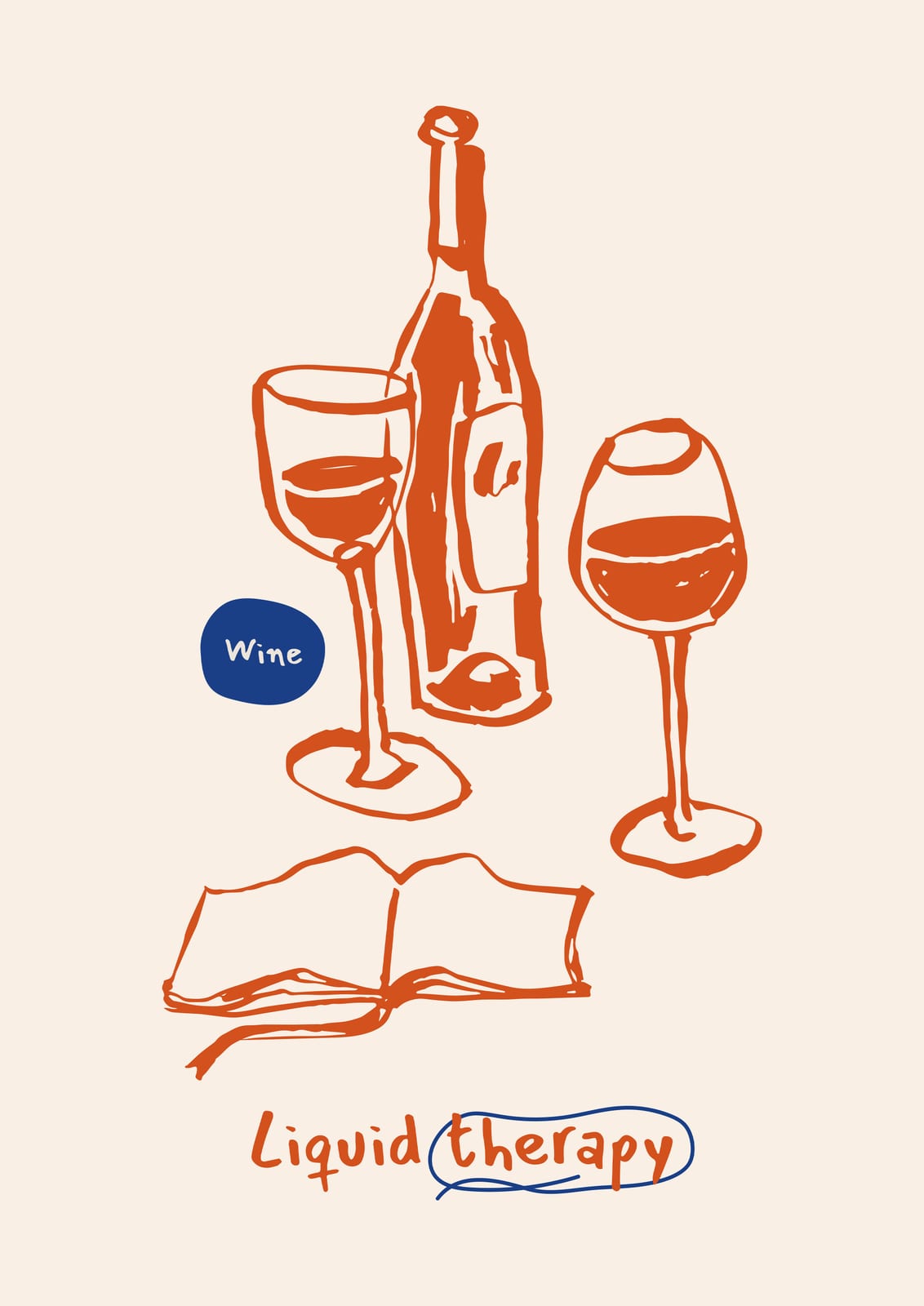 A bottle, two glasses, and a book appear with lettering.