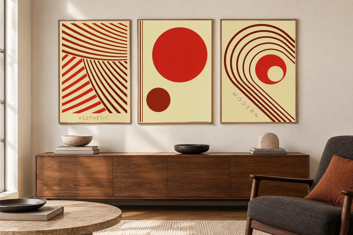 Three abstract prints hang above a wood cabinet on a light living room wall.