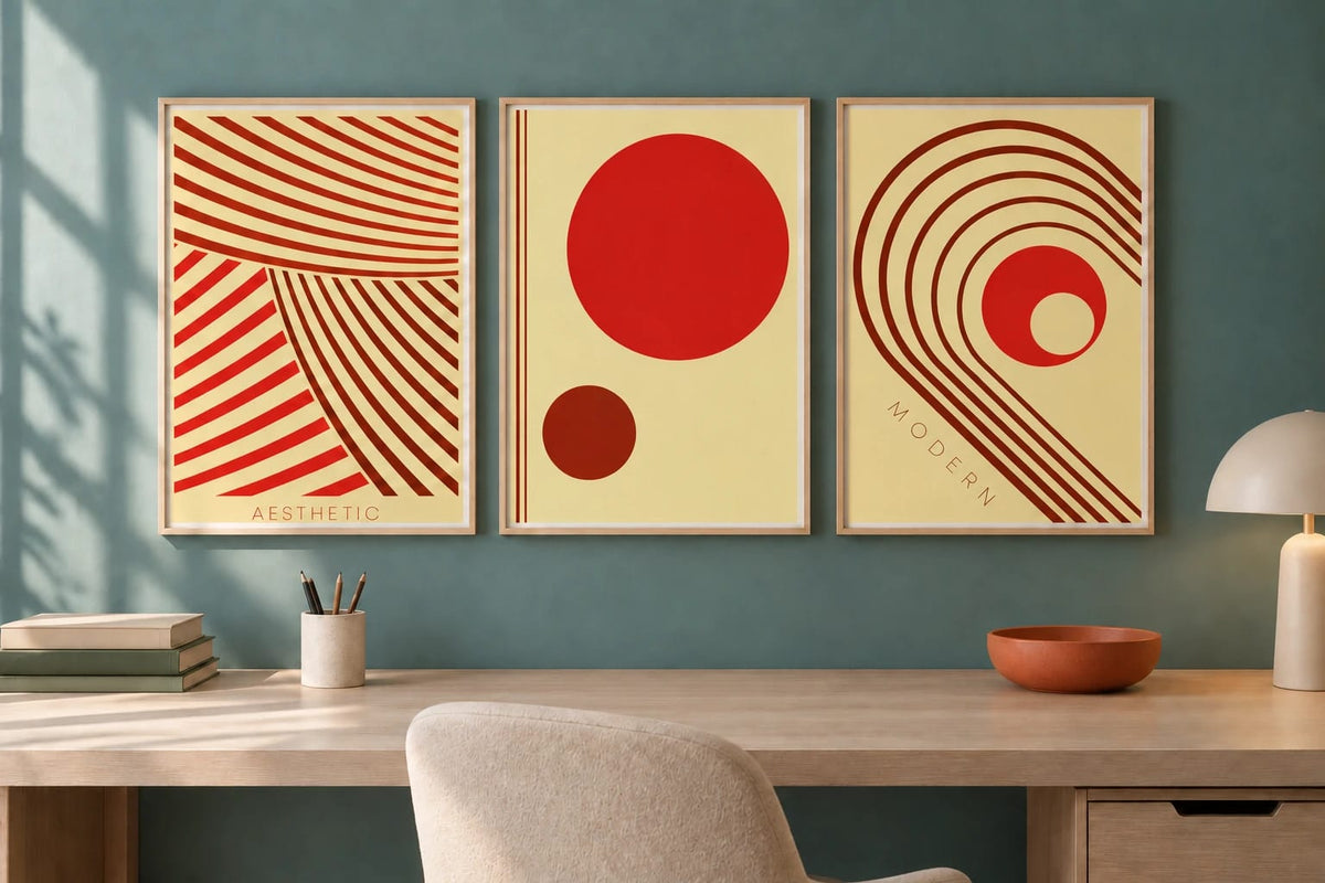 Red line and circle prints hang above a desk by a blue-green wall.