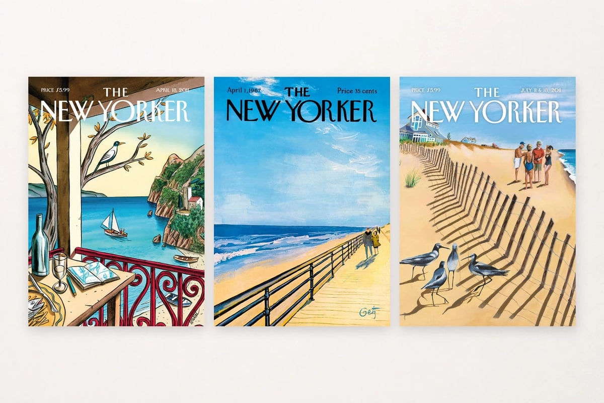 Three coastal scenes move from a balcony outlook to a promenade and beach.