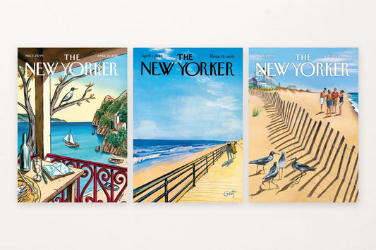 Three coastal scenes move from a balcony outlook to a promenade and beach.