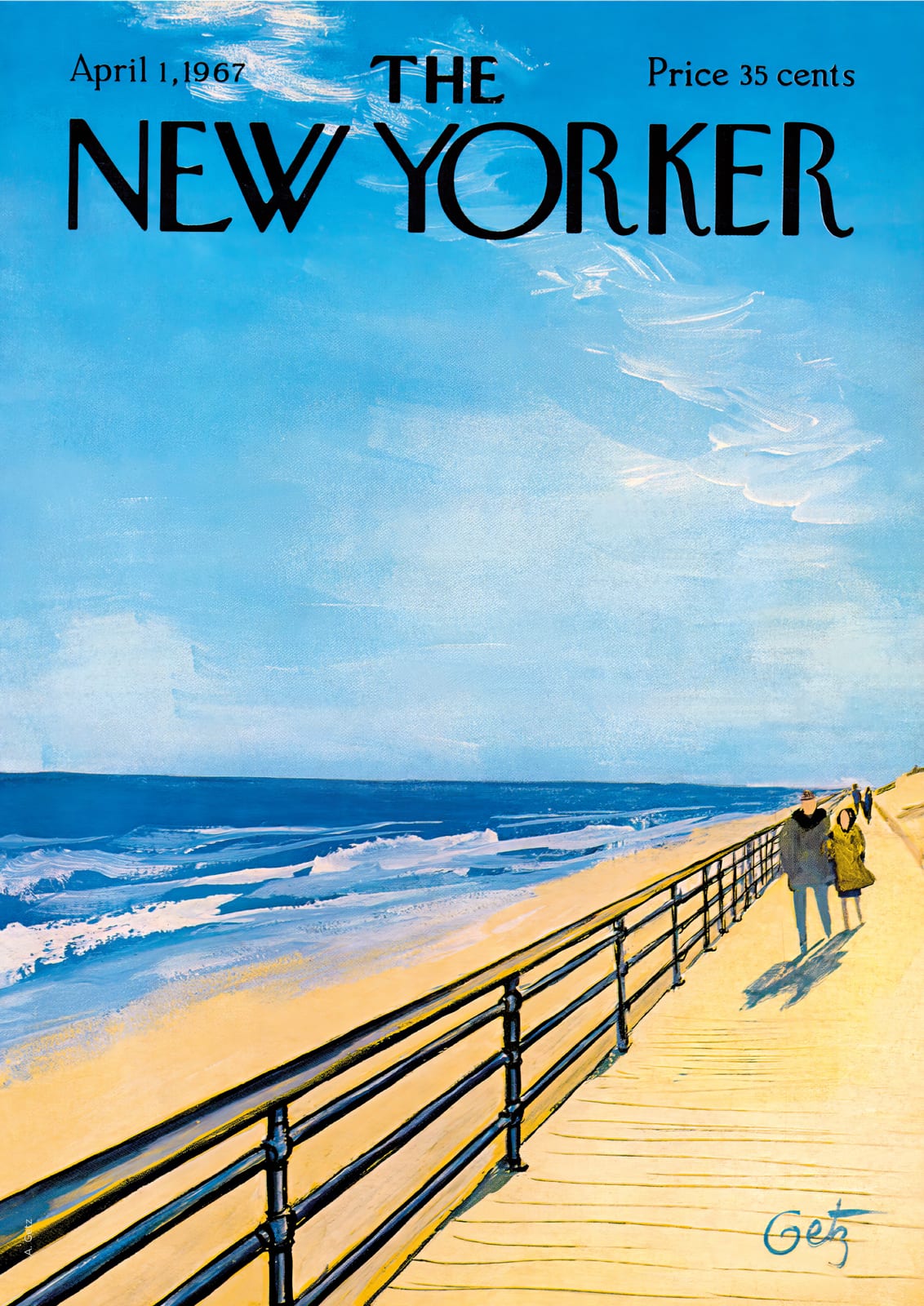 Two figures walk along a seaside promenade.