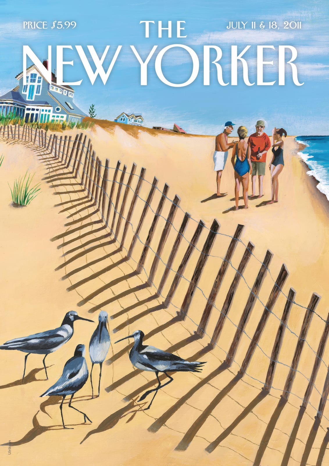 People and gulls share a sandy beach.