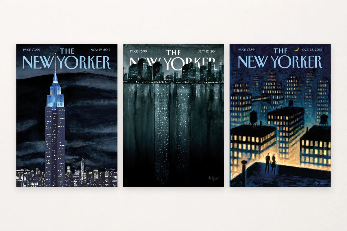 Blue-lit buildings, waterfront reflections, and rooftop figures capture three night scenes.