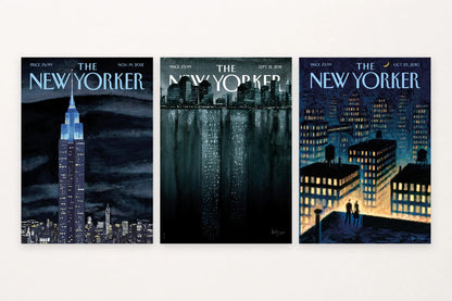 Blue-lit buildings, waterfront reflections, and rooftop figures capture three night scenes.