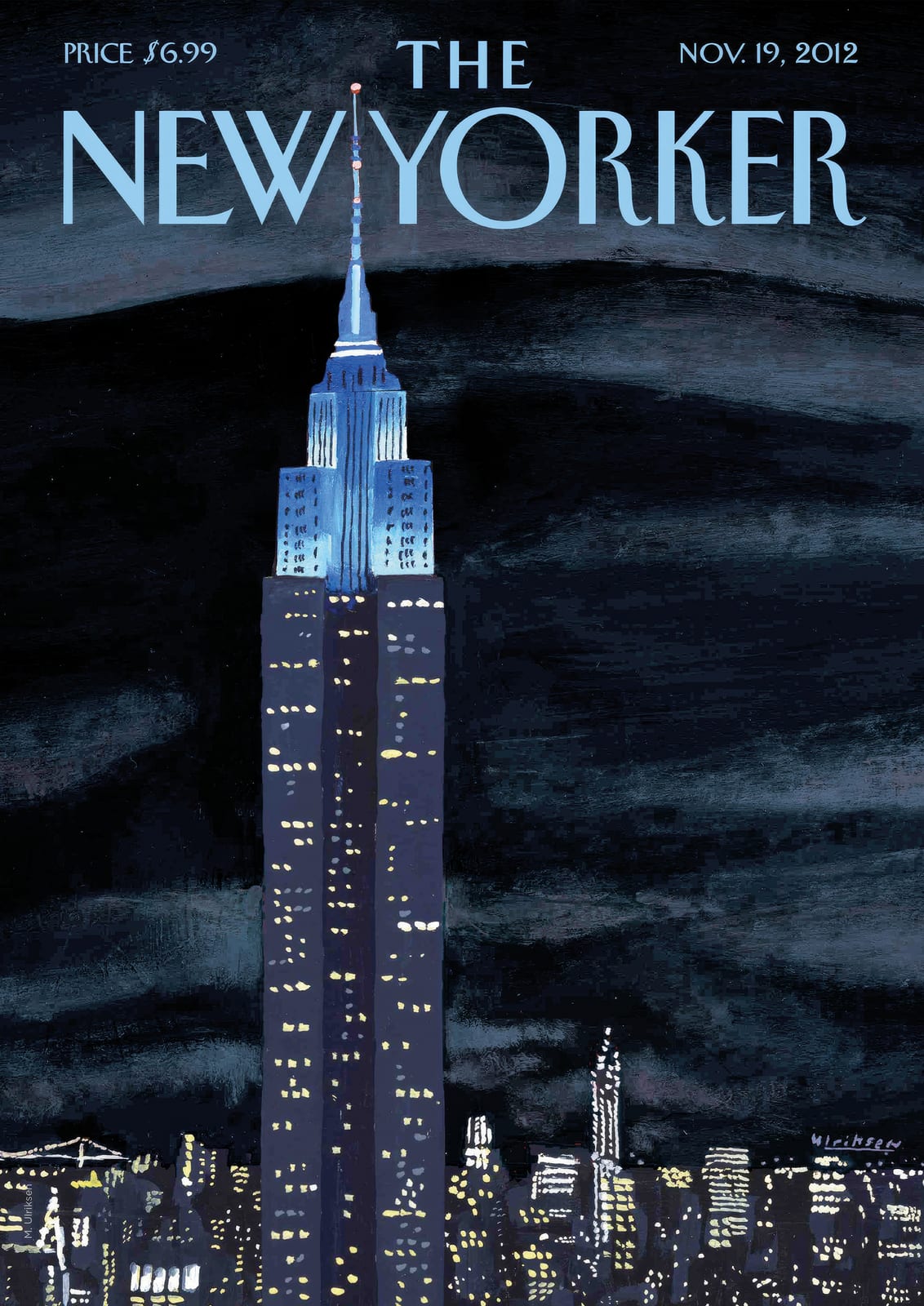 A tall building glows with blue lights at night.