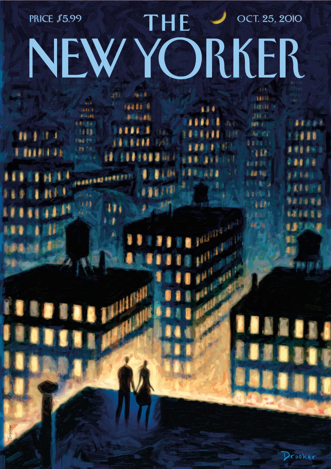 Lit buildings and a moon frame figures on a rooftop.
