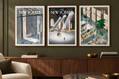 Three tall interior scenes hang on a dark olive living room wall.