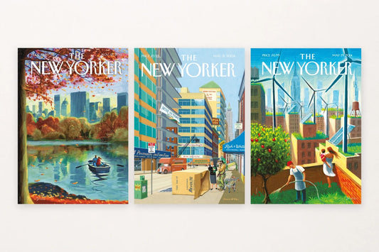 A distant city, lively street, and planted rooftops show three urban moods.