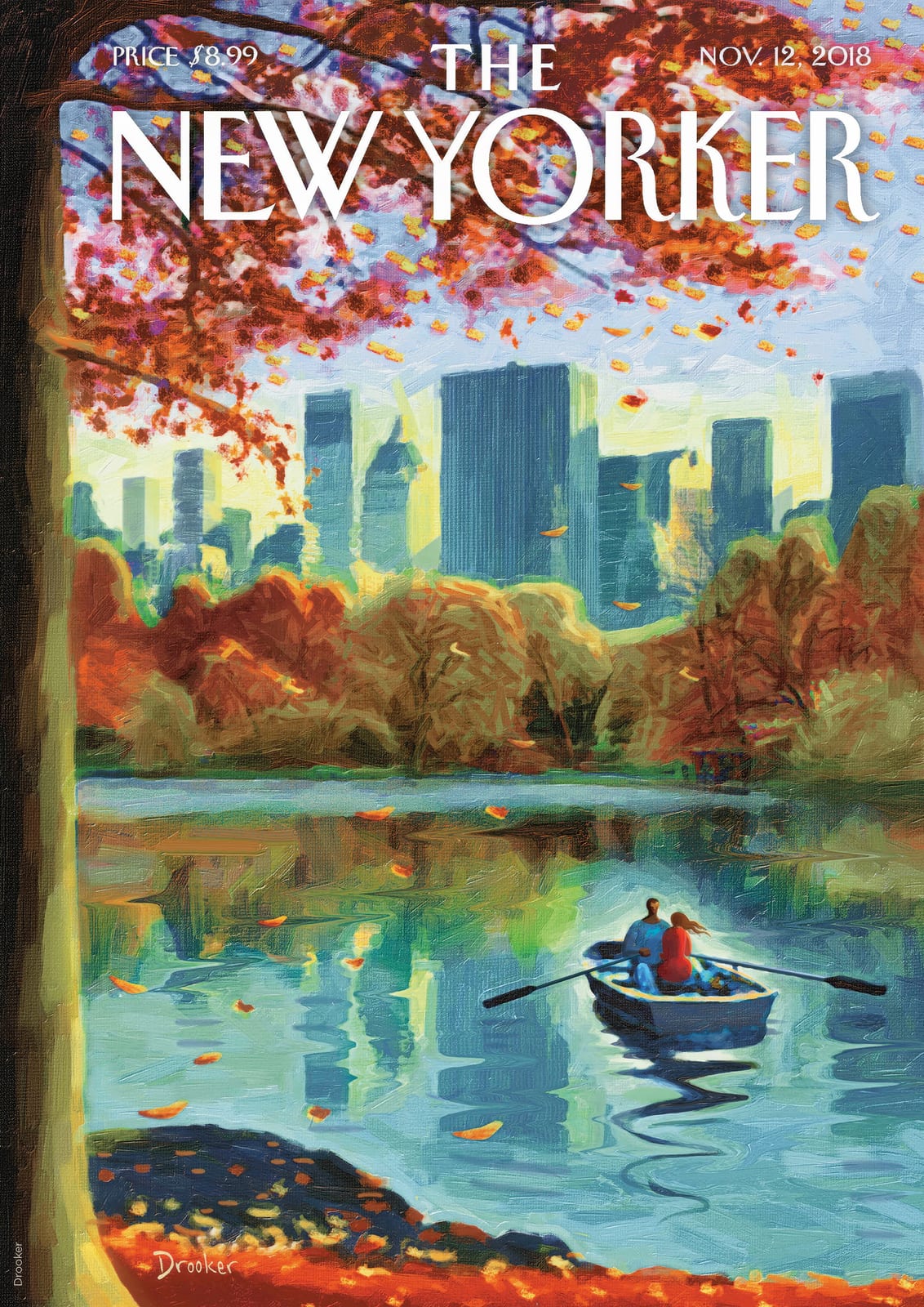 Autumn trees, a boat, and a distant city fill the first scene.