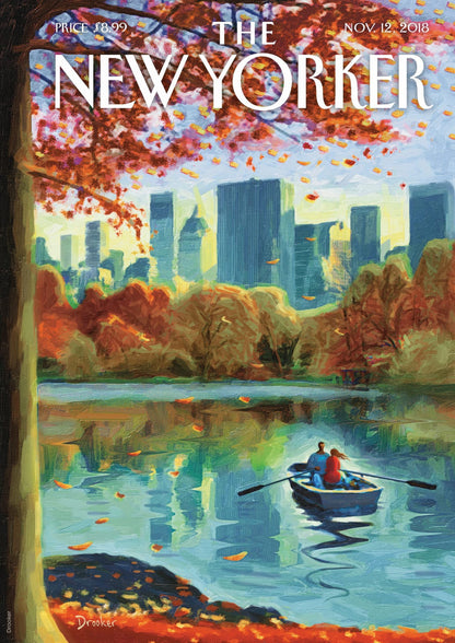 Autumn trees, a boat, and a distant city fill the first scene.