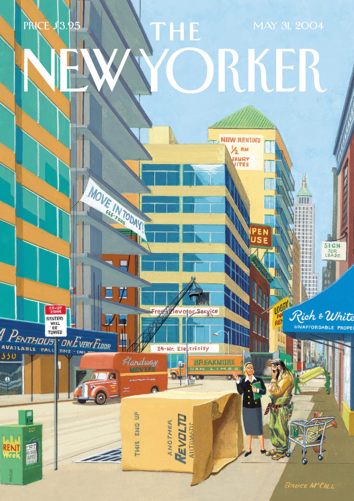 People and signs enliven a bright city street.