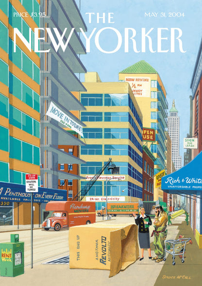 People and signs enliven a bright city street.