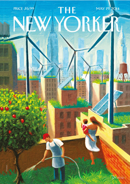 Green roofs, people, and wind turbines top the final city view.