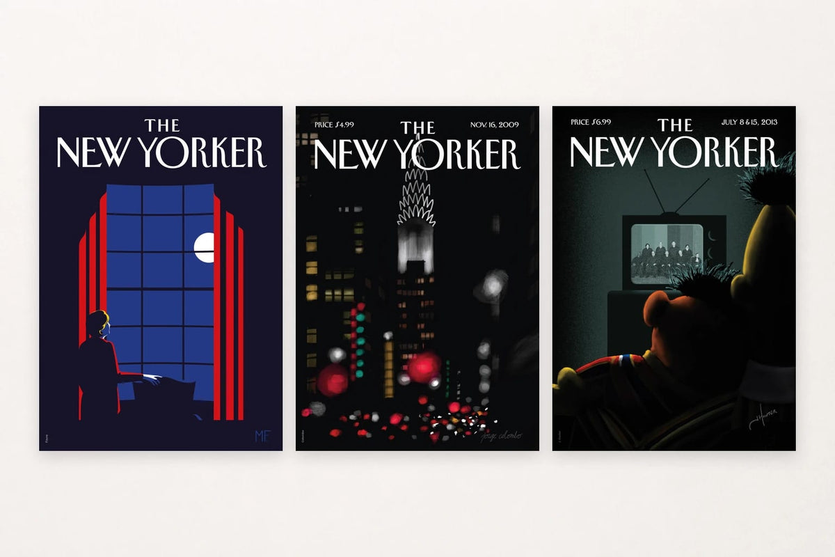 A red-curtained window, blurred night lights, and a seated figure create an offbeat city trio.