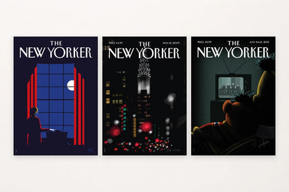 A red-curtained window, blurred night lights, and a seated figure create an offbeat city trio.