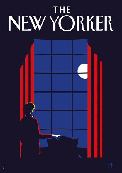 A seated figure appears by a blue window with red curtains.