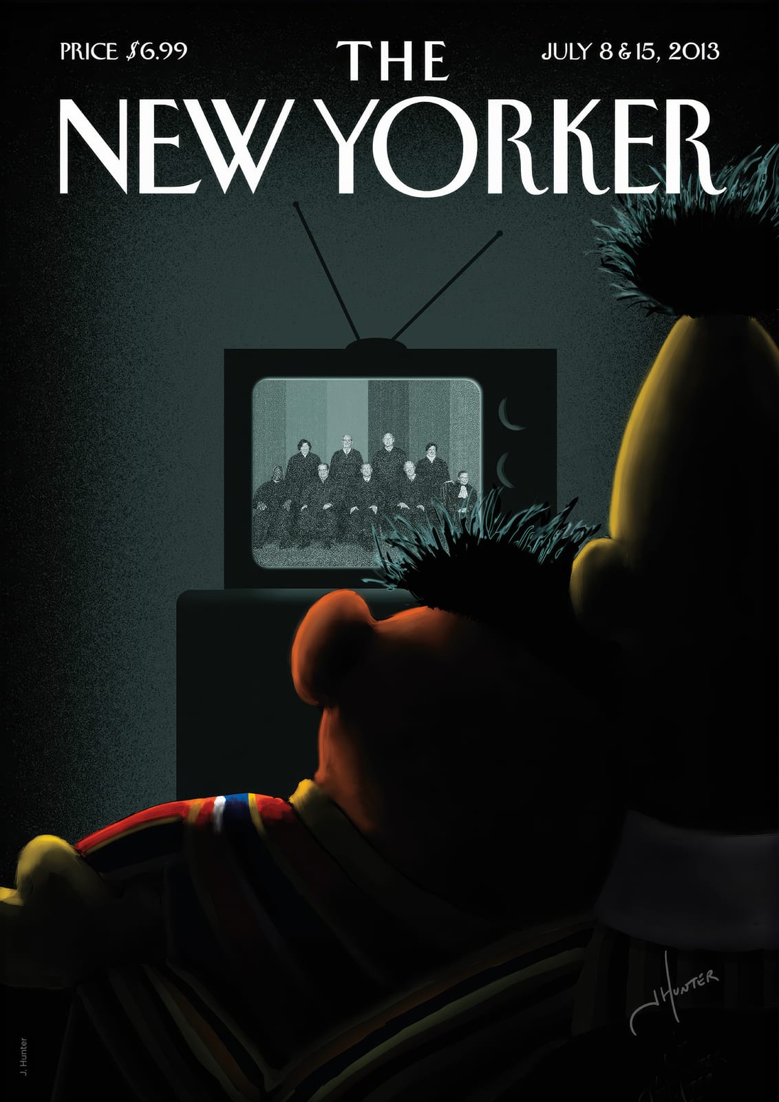 A stylized character sits in front of a television.