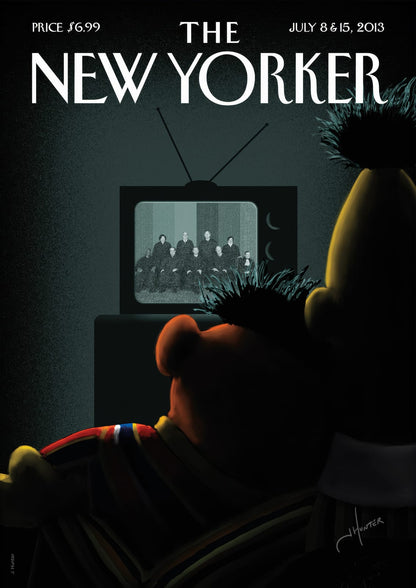 A stylized character sits in front of a television.