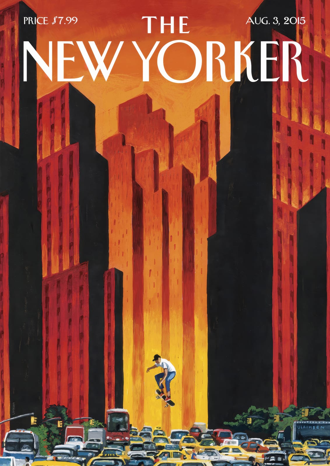 Orange towers rise behind a skateboarder.