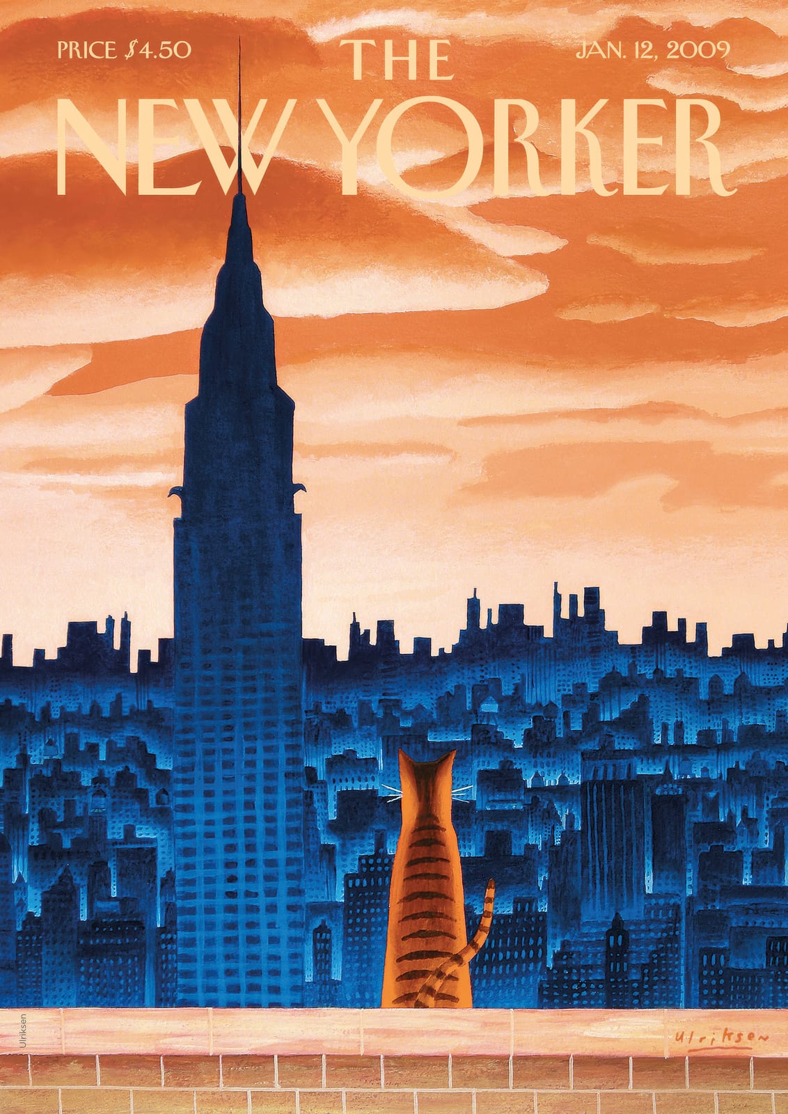 A cat sits above a blue city skyline.