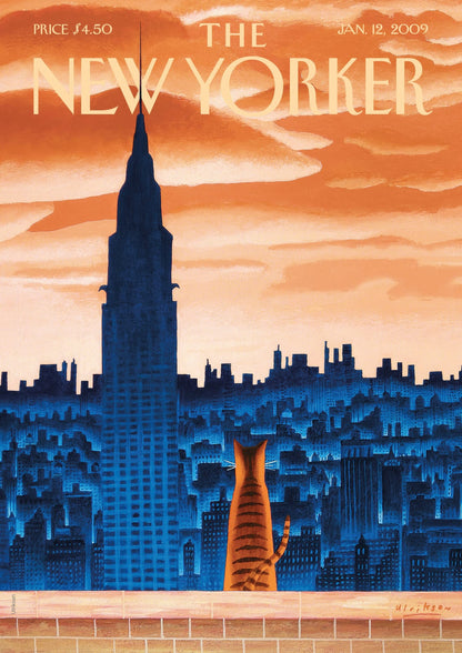 A cat sits above a blue city skyline.