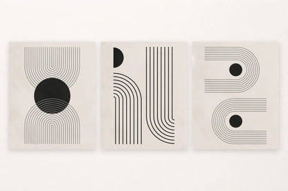 Three abstract prints vary circles, arcs, and lines across open black-and-white compositions.