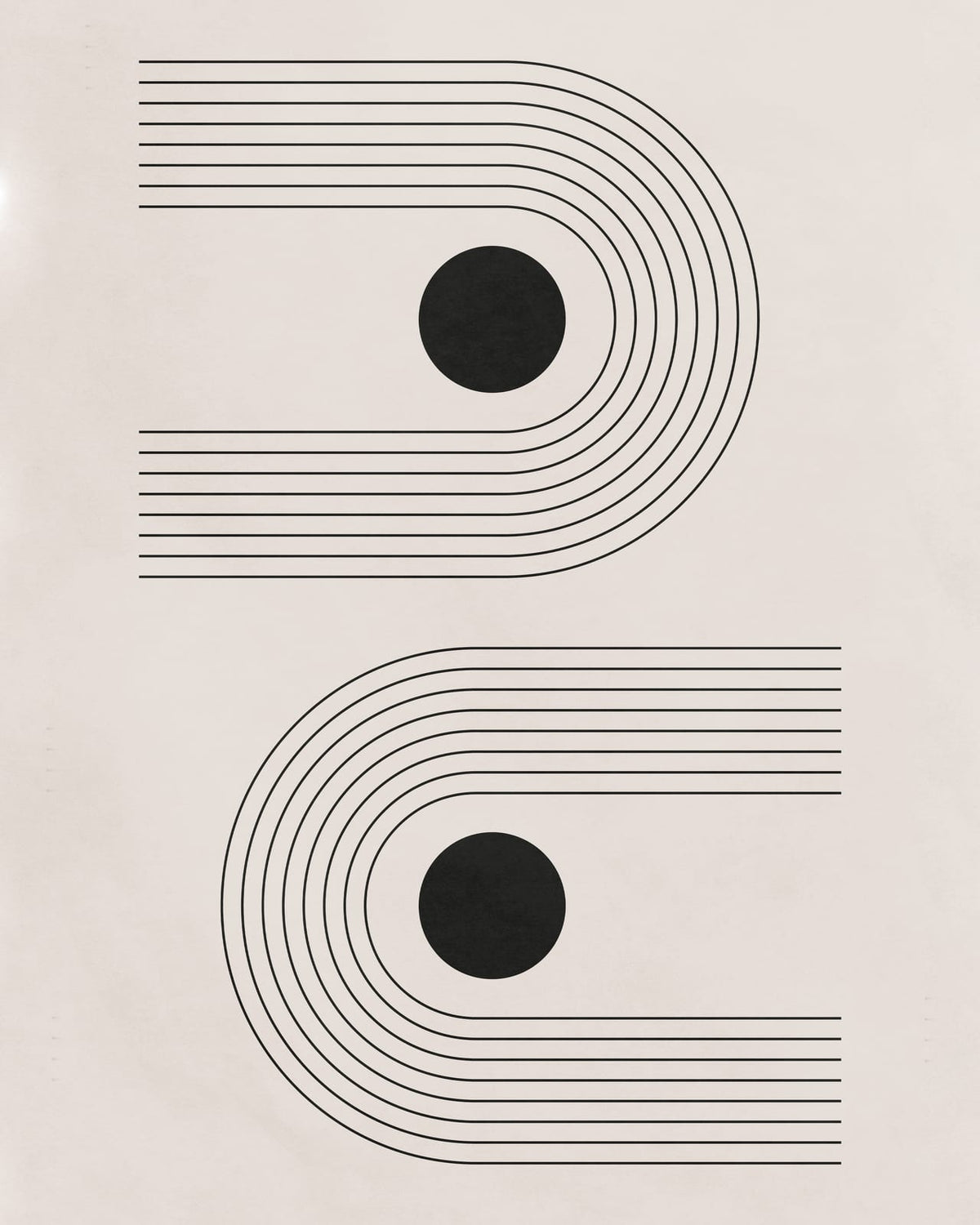 Two circles among curved lines in a black-and-white composition.