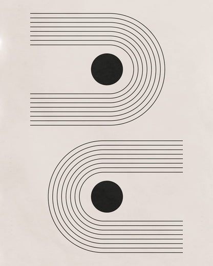 Two circles among curved lines in a black-and-white composition.