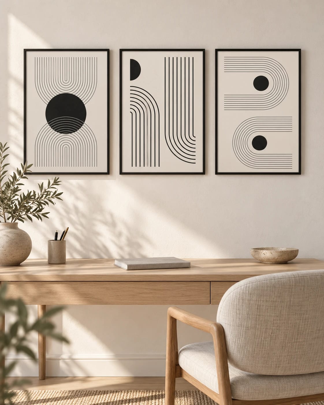 The circle-and-line compositions displayed together on a wall; frames are not included.