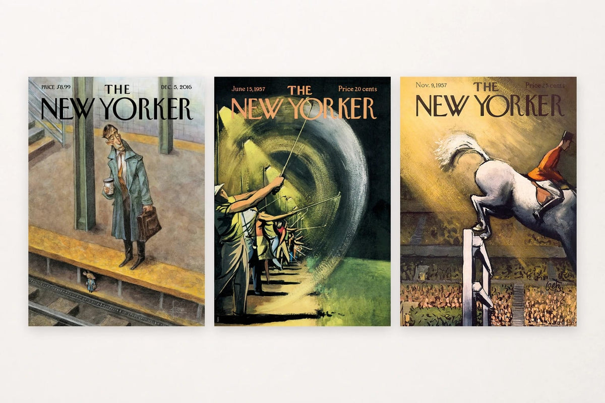 A traveler, anglers, and an airborne horse create three vintage activity scenes.