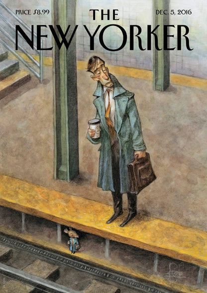 A person with a drink and briefcase waits on a platform.