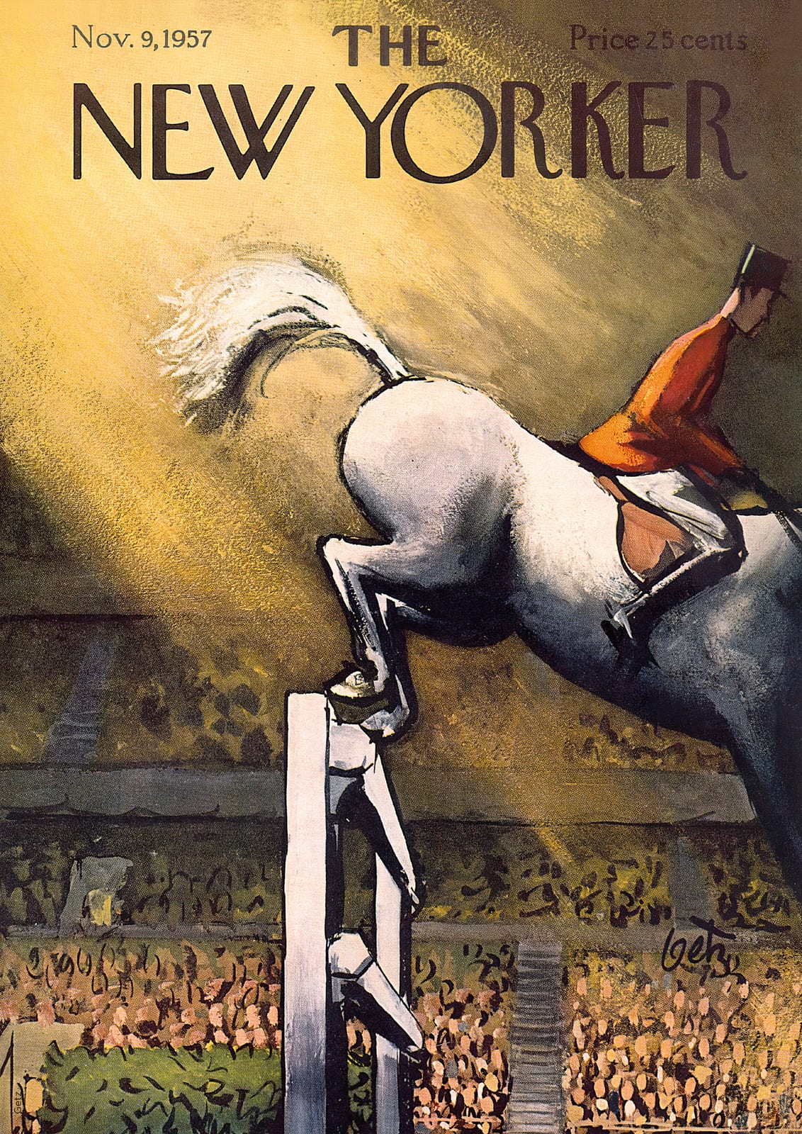 A rider and white horse leap over an obstacle.