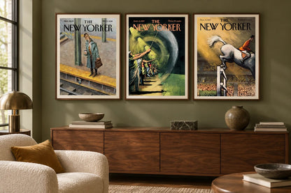 Three vintage prints hang above a walnut cabinet in an olive room.