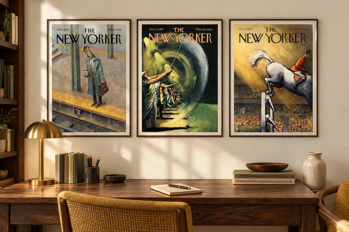 Three prints hang over a wood desk in a bright office with a brass lamp.