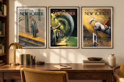 Three prints hang over a wood desk in a bright office with a brass lamp.