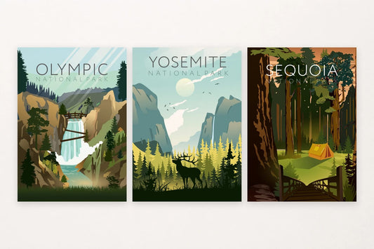 A waterfall, deer in a mountain valley, and tall forest make a scenic trio.